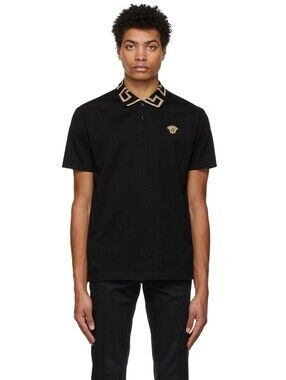 Versace Black Polo Shirt with Gold Greek Key Collar Medusa L